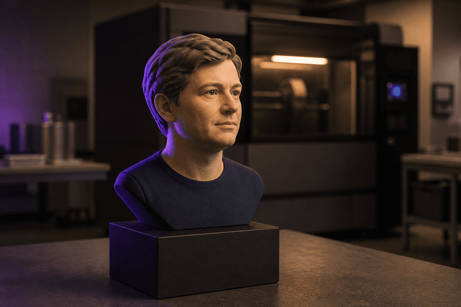 Buste Lumo haute définition devant une imprimante 3D